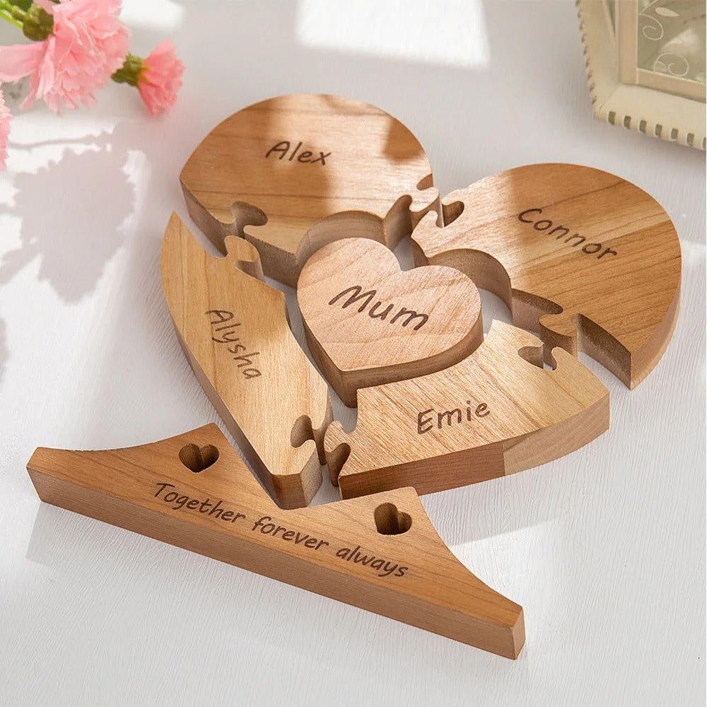 Personalised Wooden Heart Family Unity Puzzle Plaque with 1-6 Names Mother's Day Thanksgiving Day Home Decor for Family