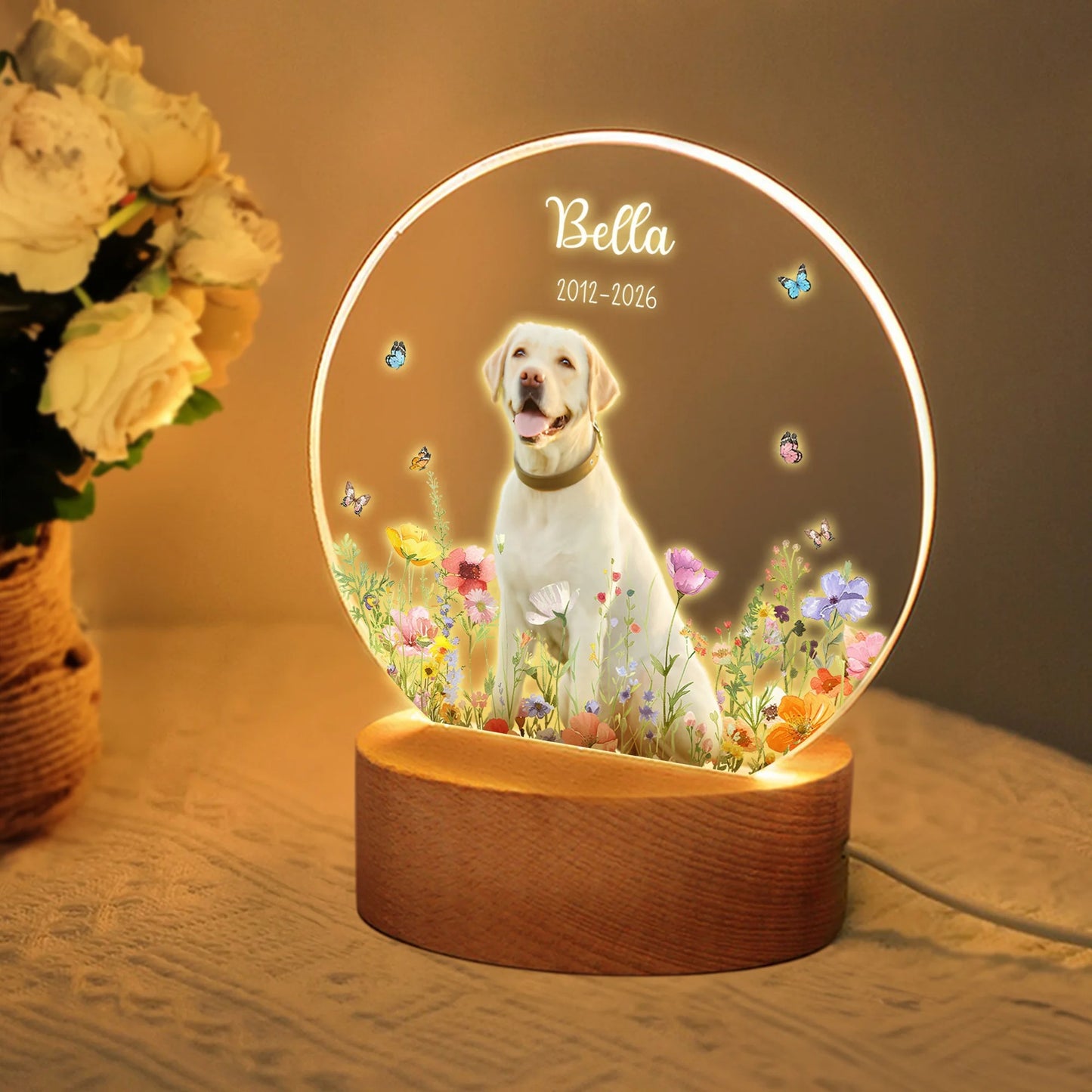 Personalised Floral Pet Photo LED Night Light with Name Date and Wooden Base Sympathy Memorial Loss of Pet Birthday Gift for Pet Owners Lovers