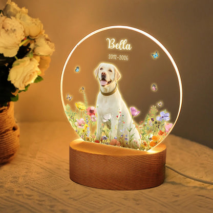 Personalised Floral Pet Photo LED Night Light with Name Date and Wooden Base Sympathy Memorial Loss of Pet Birthday Gift for Pet Owners Lovers