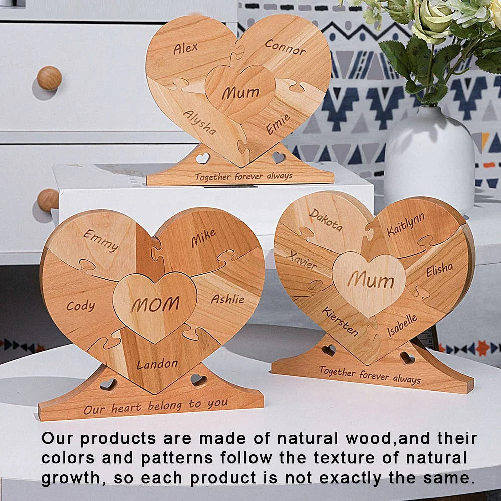 Personalised Wooden Heart Family Unity Puzzle Plaque with 1-6 Names Mother's Day Thanksgiving Day Home Decor for Family