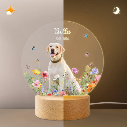 Personalised Floral Pet Photo LED Night Light with Name Date and Wooden Base Sympathy Memorial Loss of Pet Birthday Gift for Pet Owners Lovers