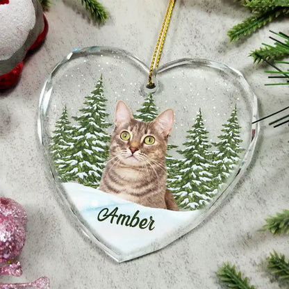 Custom Photo Pet Face Dog Cat Memorial - Personalized Heart Shaped Glass Ornament