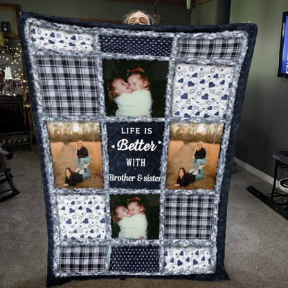 Custom Photo “Sisters & Brothers Will Always Be Connected By Heart” – Personalized Fleece & Sherpa Blanket