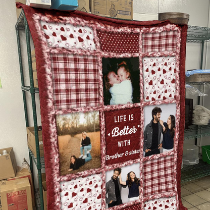 Custom Photo “Sisters & Brothers Will Always Be Connected By Heart” – Personalized Fleece & Sherpa Blanket