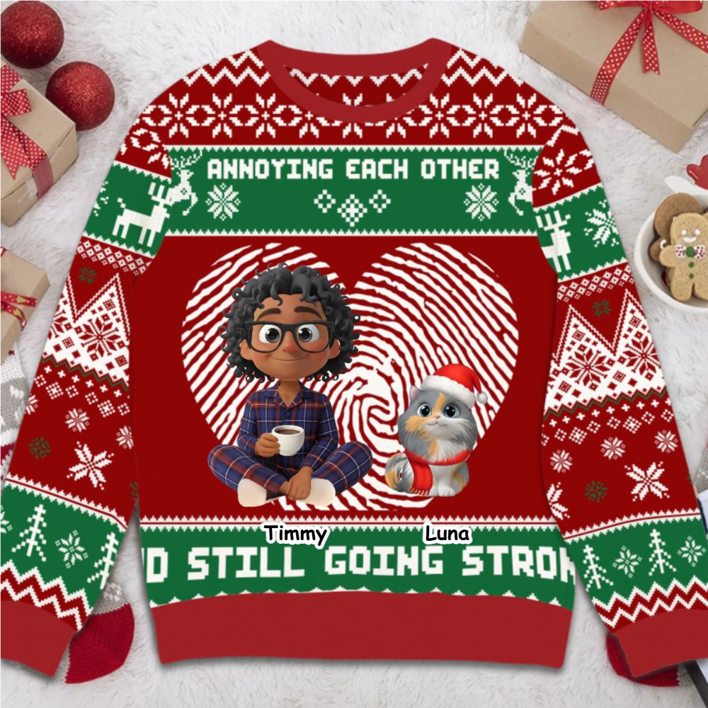 The man and his cat Annoying each other and still going strong - Personalized Christmas Ugly Sweater
