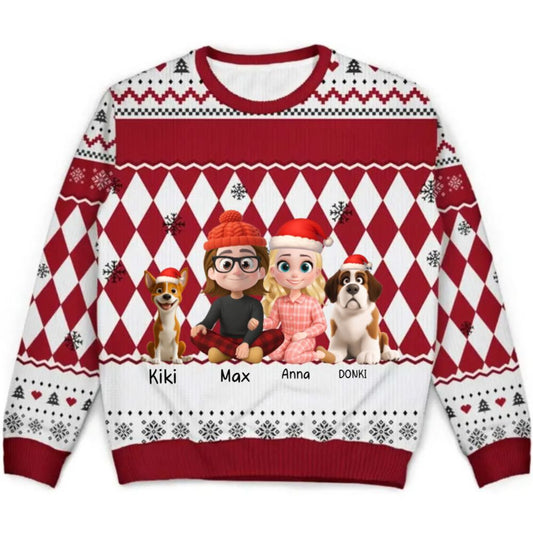 Love & fur-ever Ugly Christmas Sweater - Custom Cartoon Couple with Pets Christmas Sweater