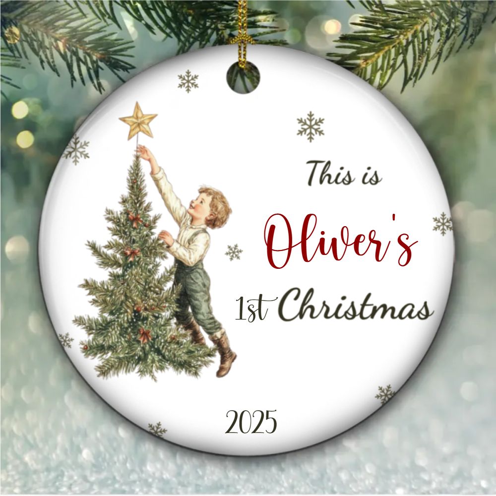 Vintage Style Baby’s Christmas Ceramic Ornament – Personalized Name|3"