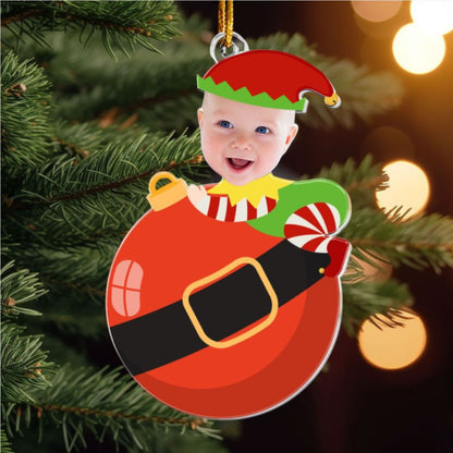 Cute Baby Elf Christmas - Personalized Babys Photo First Christmas Ornament - For Mom, Dad and Family