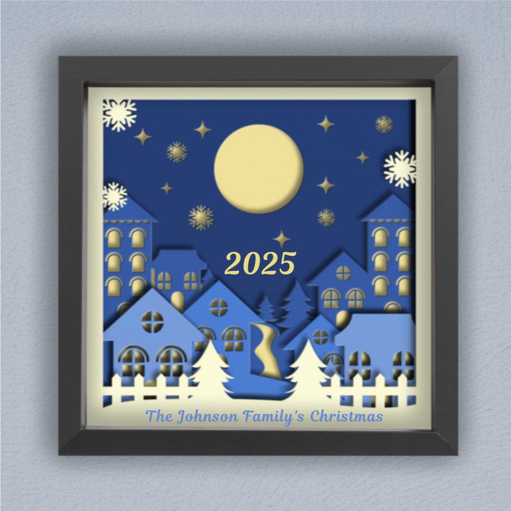3D Layered Papercut Christmas Town Framed Picture – Personalized Holiday Décor Design for Christmas Gifts