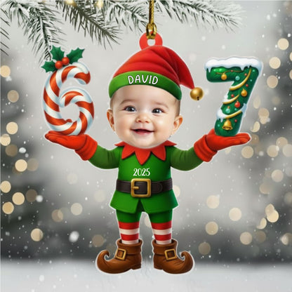 Personalized Santa Elf Photo 67 Christmas Ornament – Custom Funny Face Acrylic Ornament, Six Seven Meme Holiday Decor, Trendy Gen Z Slang Gift