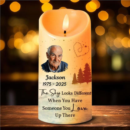 Personalized Memorial LED Candle – Custom Photo “The Sky Looks Different” Family Remembrance Gift