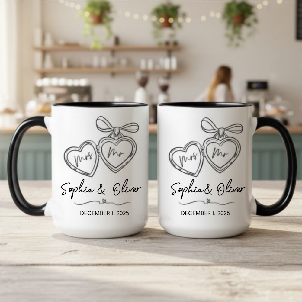 Personalized Mr & Mrs Engagement Mug – Custom Heart Locket Couple Gift for Bridal & Wedding Celebrations