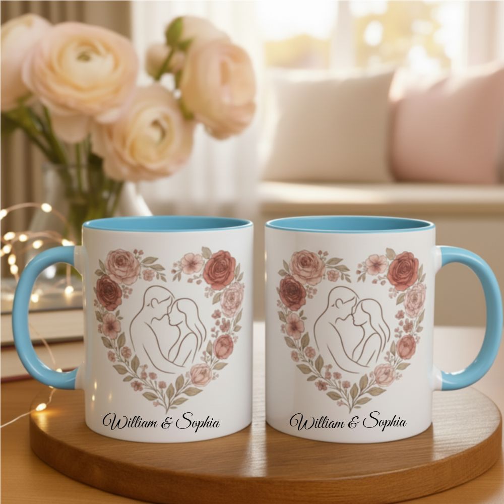 Personalized Floral Heart Couple Mug with Custom Name – Romantic Gift for Her on Valentine’s Day, Anniversary or Wedding