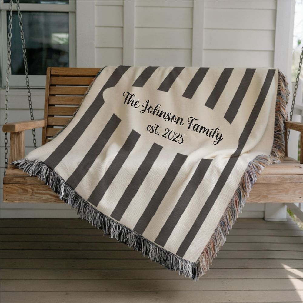 Custom Name And Year Black White Stripes Woven Blanket – Personalized Gift for Couples
