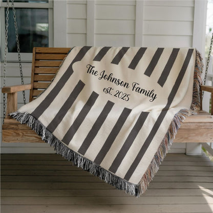 Custom Name And Year Black White Stripes Woven Blanket – Personalized Gift for Couples