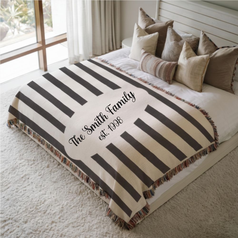 Custom Name And Year Black White Stripes Woven Blanket – Personalized Gift for Couples