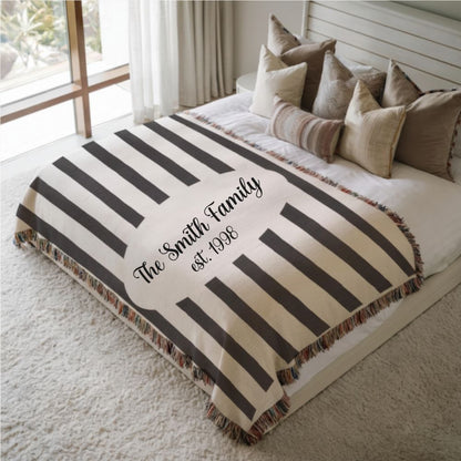 Custom Name And Year Black White Stripes Woven Blanket – Personalized Gift for Couples