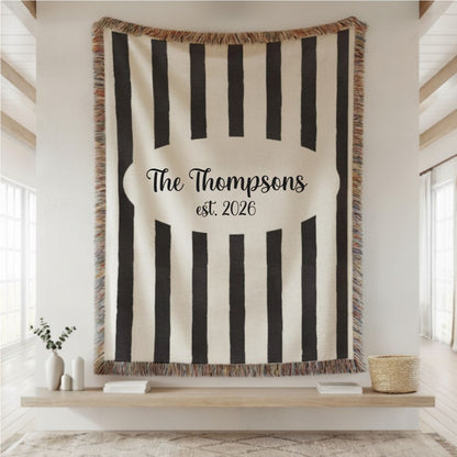 Custom Name And Year Black White Stripes Woven Blanket – Personalized Gift for Couples