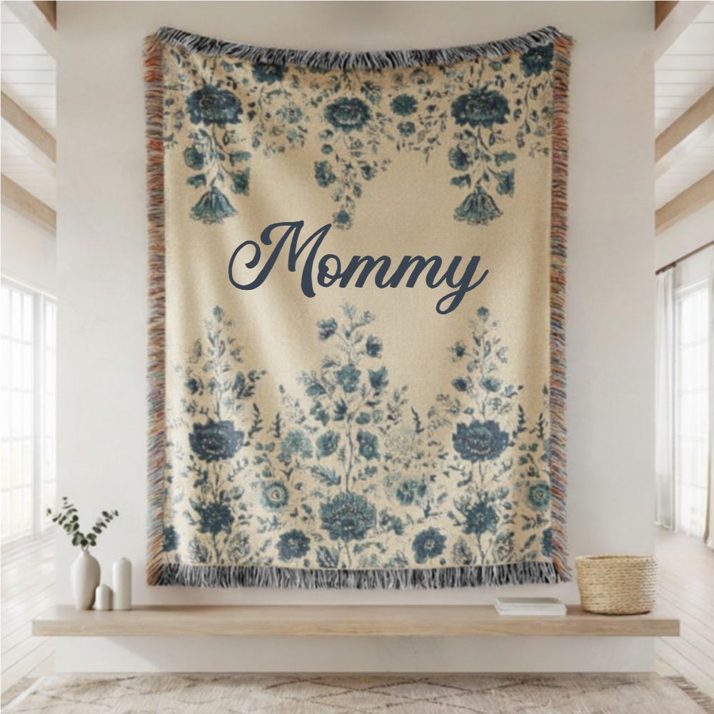 Custom Name Vintage Floral Woven Blanket – Personalized Gift for Mom, Grandma