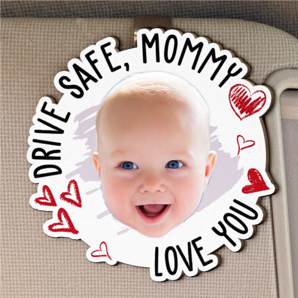 Drive Safe, Daddy Fun Kid Faces Gift for Dad, Mom, Grandparents - Personalized Wooden Photo Car Visor Clip