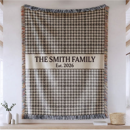 Taupe Houndstooth Plaid Custom Name & Year Blanket for Couple/Family – Personalized Wedding & Anniversary Gift