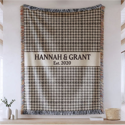 Taupe Houndstooth Plaid Custom Name & Year Blanket for Couple/Family – Personalized Wedding & Anniversary Gift