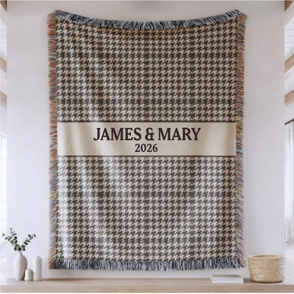 Taupe Houndstooth Plaid Custom Name & Year Blanket for Couple/Family – Personalized Wedding & Anniversary Gift