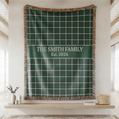 Green Plaid Custom Name & Year Blanket for Couple/Family – Personalized Wedding & Anniversary Gift