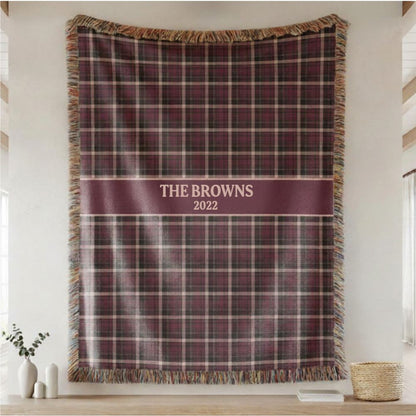 Burgundy Plaid Custom Name & Year Blanket for Couple/Family – Personalized Wedding & Anniversary Gift