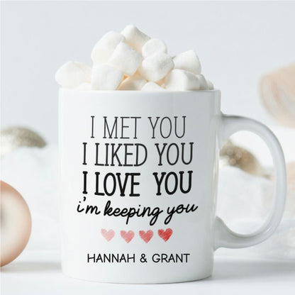 Custom I met you I liked you I love you I'm keeping you Mug - Personalised Valentine Gift For Couples