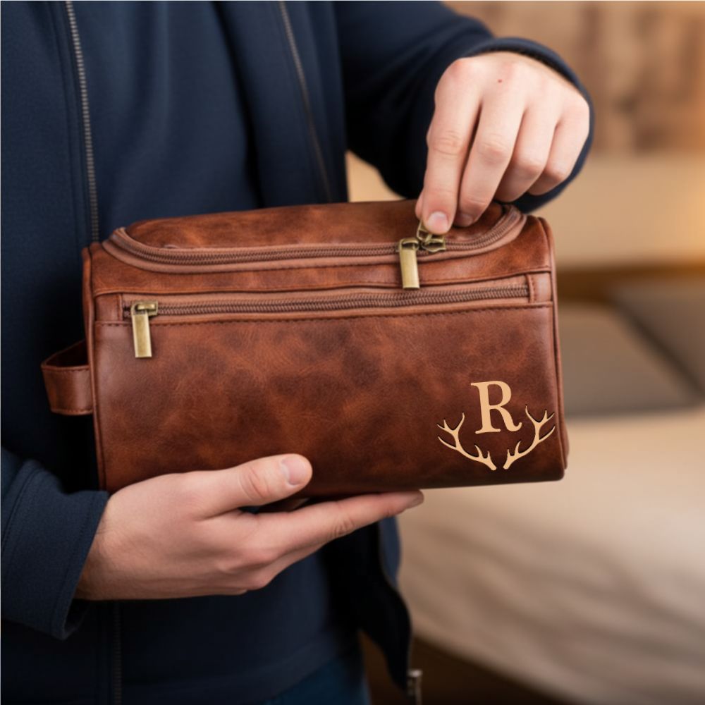 Laser Engraved Personalized Classic Initial Leather Toiletry Bag - Perfect Gift for Dad or Husband