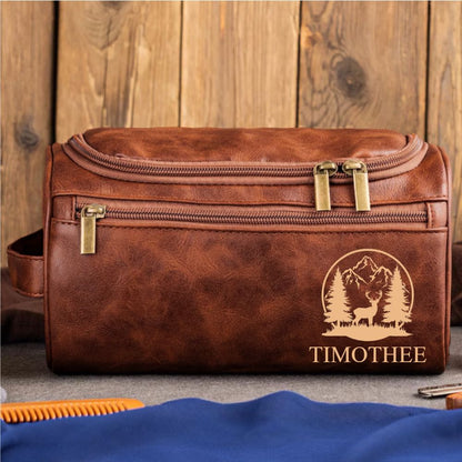 Custom Leather Toiletry Bag for Adventurers – Personalized Name & Mountain Design