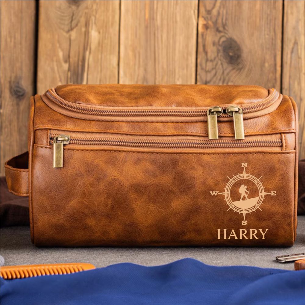 Custom Leather Toiletry Bag for Adventurers – Personalized Name & Mountain Design