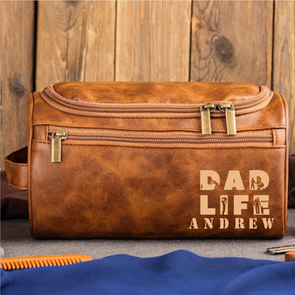 Engraved Leather Toiletry Bag for Dad – Custom Name “Dad Life” Edition