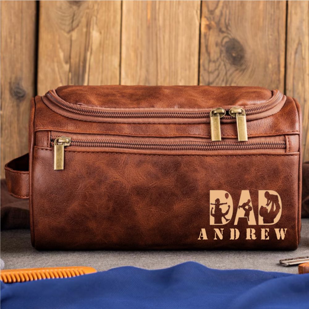 Engraved Leather Toiletry Bag for Dad – Custom Name “Dad Life” Edition