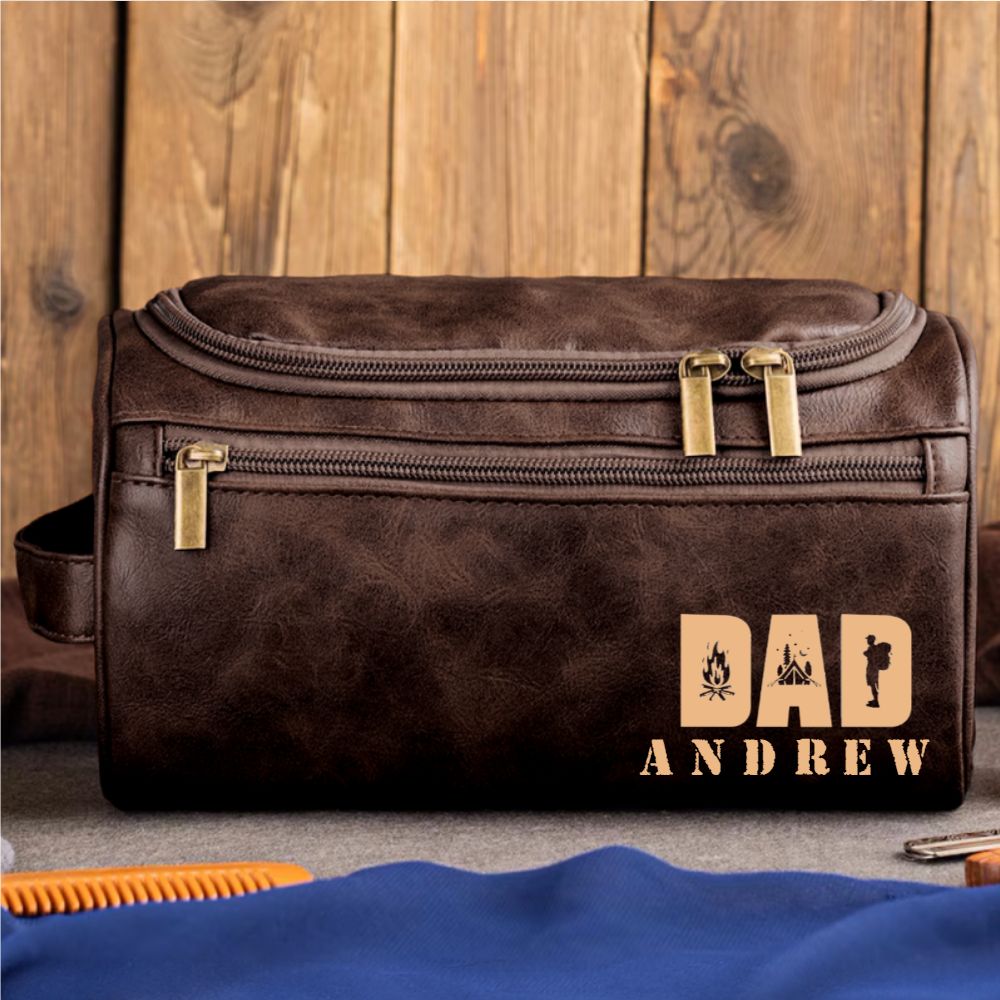 Engraved Leather Toiletry Bag for Dad – Custom Name “Dad Life” Edition