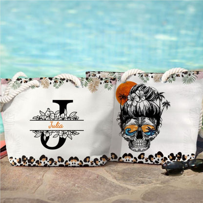 Tropical Skull & Monogram Letter - Personalized Beach Bag