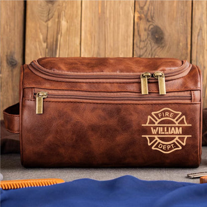 Personalized Firefighter Leather Dopp Kit – Custom Name Toiletry Bag for Firemen