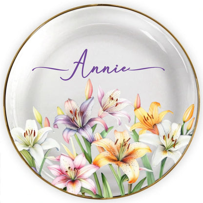 Birth Month Flower Watercolor Blooming In Love - Personalized Round Ring Dish