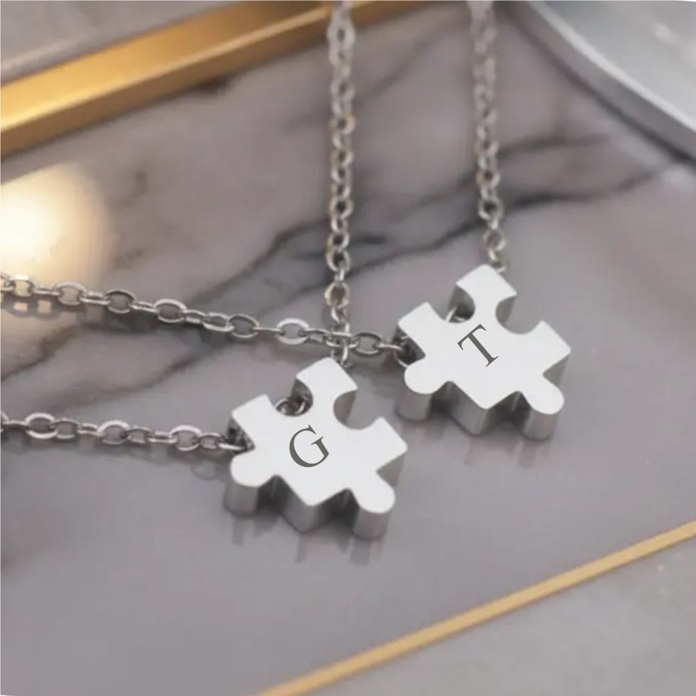 Custom Initial Puzzle Necklace - Personalized Stainless Steel Pendant Gift For Couples