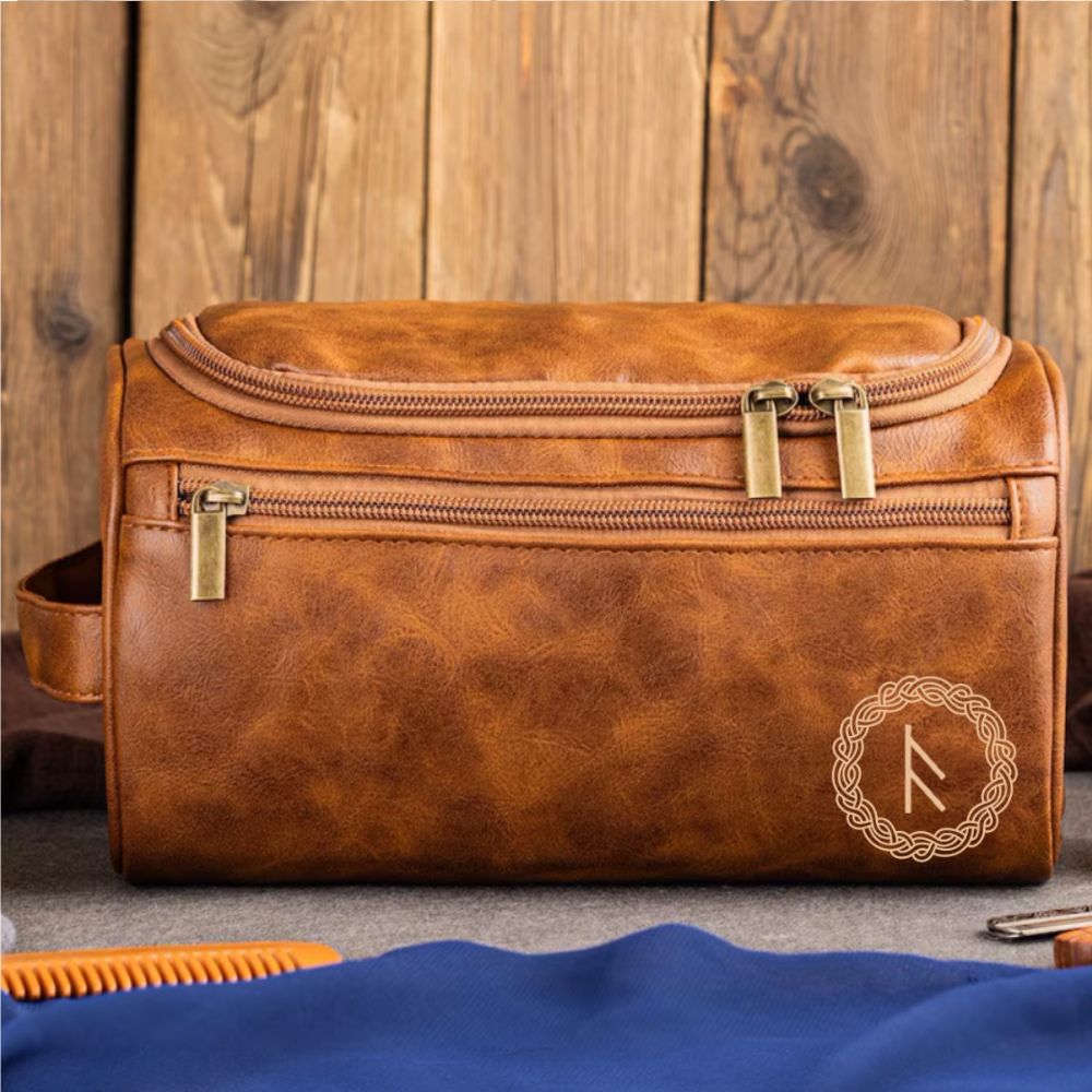 Name In Runes Viking - Personalized Leather Toiletry Bag