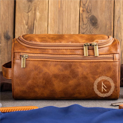 Name In Runes Viking - Personalized Leather Toiletry Bag