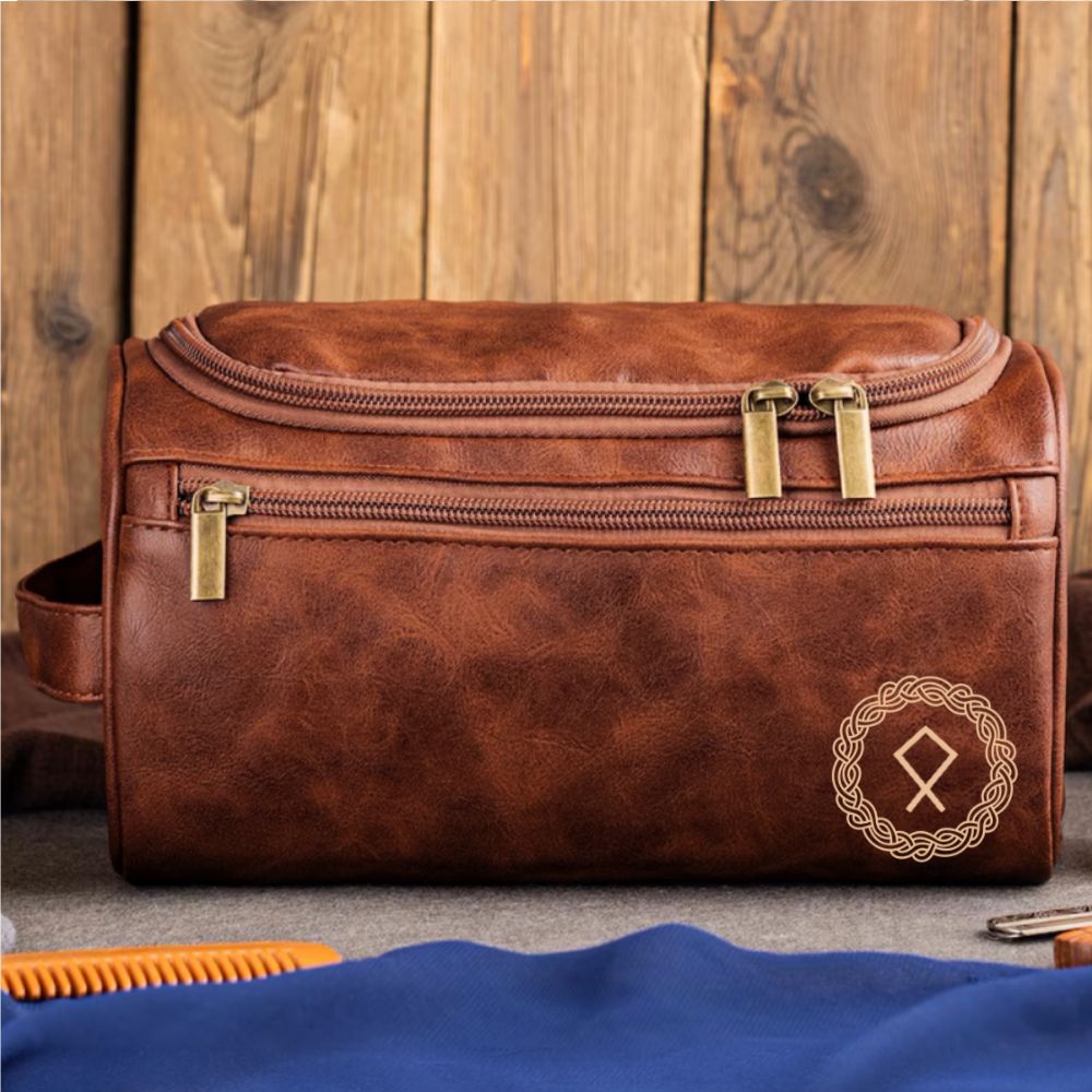 Name In Runes Viking - Personalized Leather Toiletry Bag