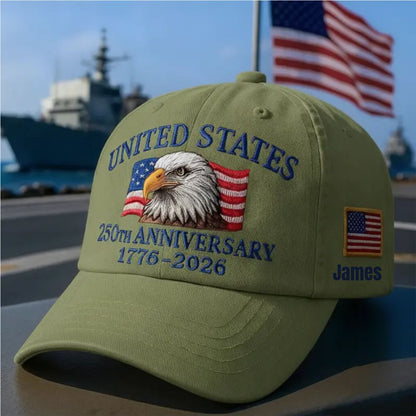 Custom Name United States 250th Anniversary Hat (1776–2026) – Embroidered Eagle Cap