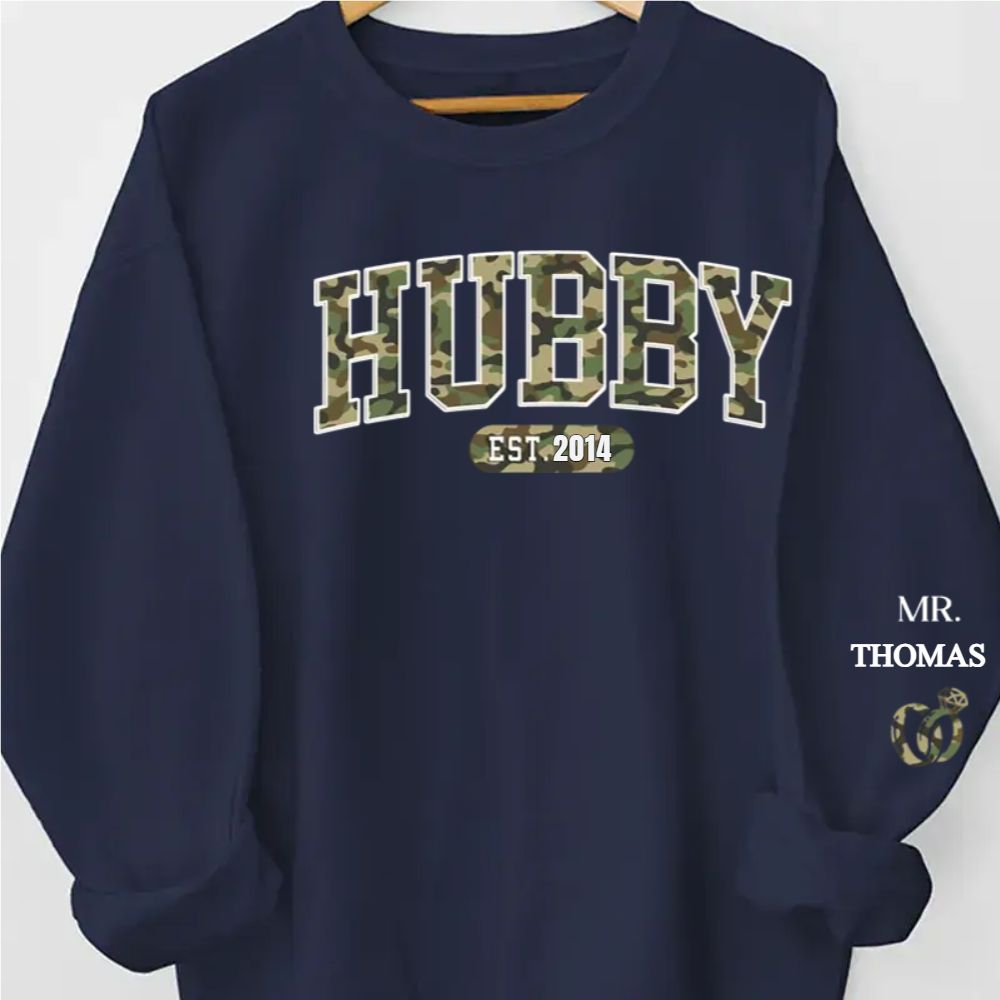 Custom Unisex Sweatshirt With Design On Sleeve - Personalized Anniversary Wedding Gifts For Husband And Wife, Him And Her - Wifey Est