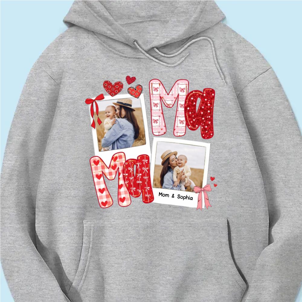 Preppy Mama Valentine Glitter Effect Photo - Personalized Hoodie - Heartfelt Gift for Mom