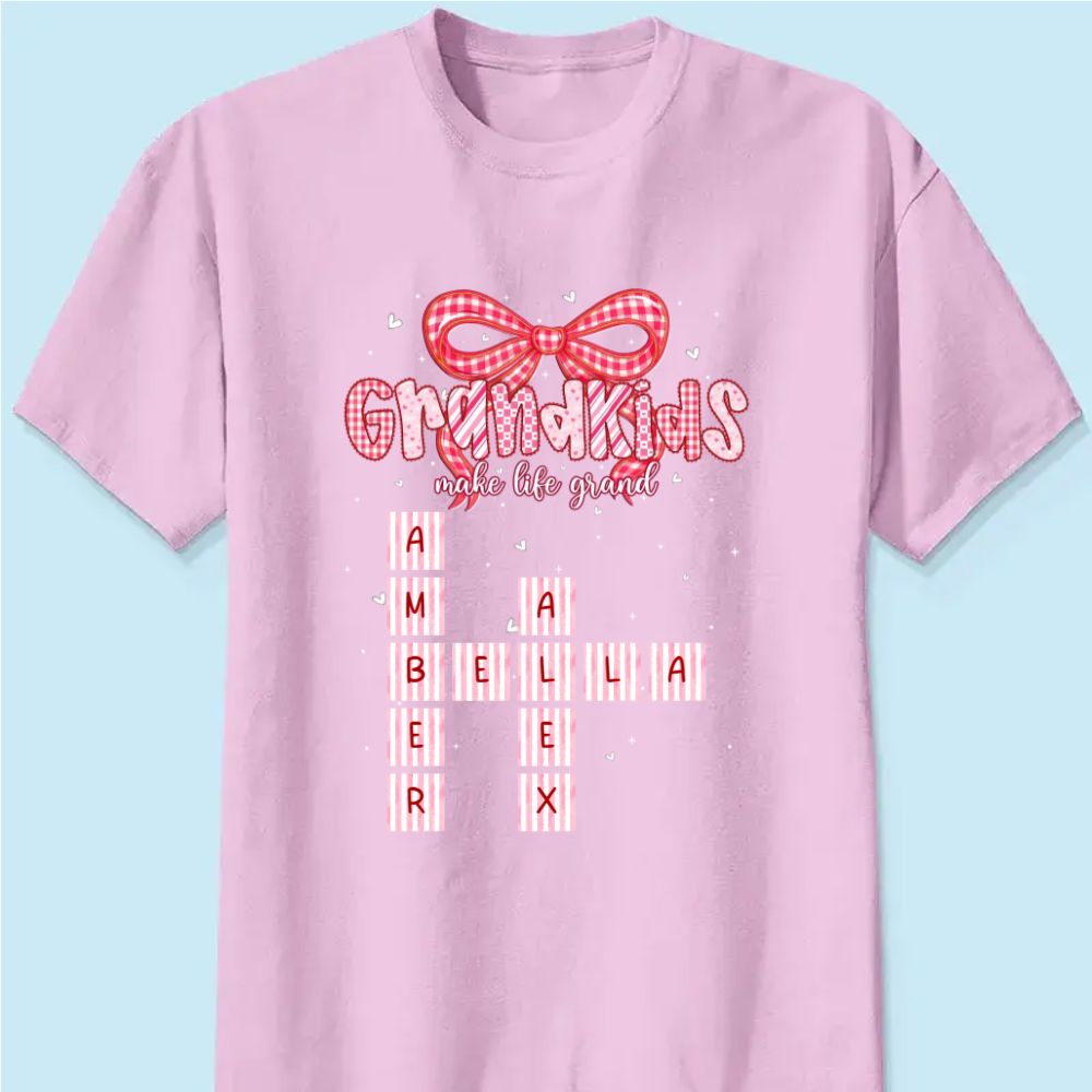 Grandkids Make Life Grand Preppy Valentine Pattern Crossword Puzzle Art - Personalized T-Shirt - Valentine's Day Gift For Grandma