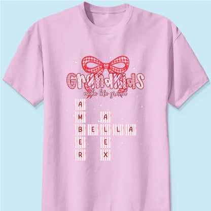 Grandkids Make Life Grand Preppy Valentine Pattern Crossword Puzzle Art - Personalized T-Shirt - Valentine's Day Gift For Grandma