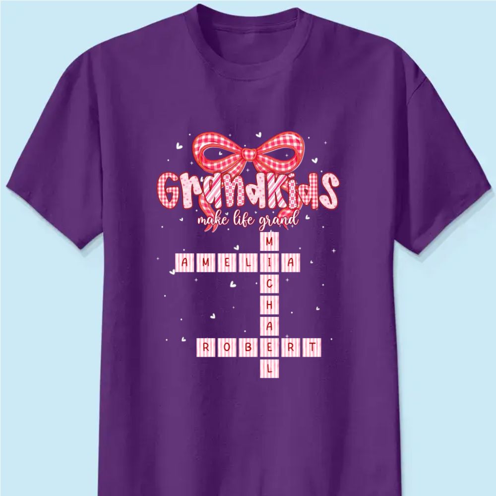 Grandkids Make Life Grand Preppy Valentine Pattern Crossword Puzzle Art - Personalized T-Shirt - Valentine's Day Gift For Grandma