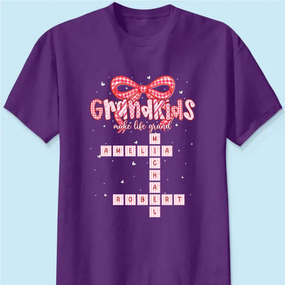 Grandkids Make Life Grand Preppy Valentine Pattern Crossword Puzzle Art - Personalized T-Shirt - Valentine's Day Gift For Grandma